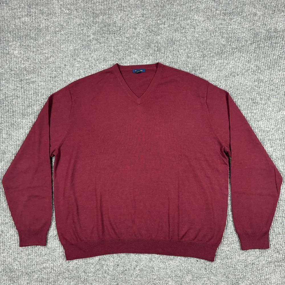 Club Room Mens 2XL 100% Merino Wool V Neck Sweater Maroon Pullove Stretch